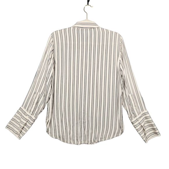 SOMETHING NAVY Ivory Blue Striped Wide Cuff Collared Button Up Top SIZE SMALL - Picture 3 of 10